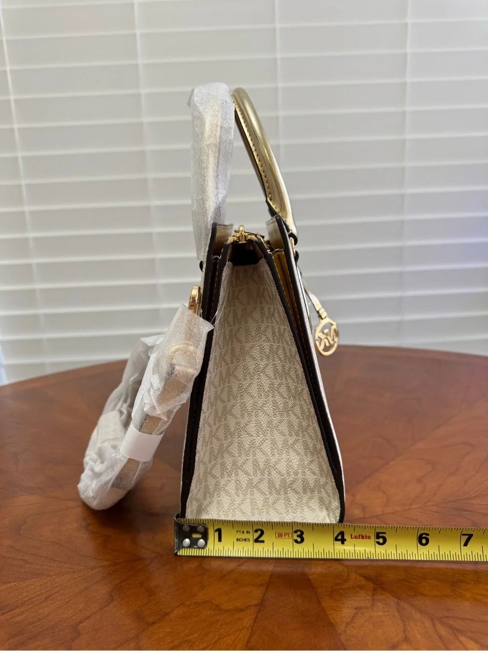 Michael Kors Two-Tone Beige Logo Satchel with Gold Hardware